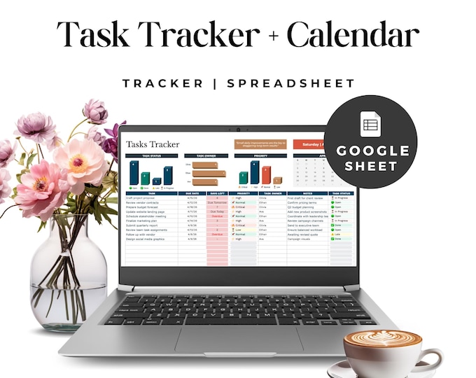 Task Tracker with Calendar | Google Sheets Template | Digital Planner for Project Management & Productivity