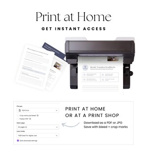 May include: A black printer is shown printing documents with the text "Identify Transition Roadblocks." The image also shows several pages of printed documents and the text "Print at Home" and "Get Instant Access."