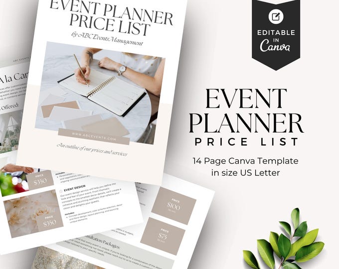 Event Planner Price List Canva Template, Editable Pricing Guide, Professional Cost Presentation, Party Planning Business Service List