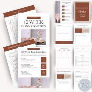 A digital workbook titled '12 Week Transformation' featuring various pages with prompts for personal development and clarity, adorned with pastel tones and decorative elements like flowers and geometric shapes.