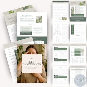 以下が含まれることがあります： The EFT Workbookの印刷可能なページ集。タイトルとサブタイトルが記載された表紙に加え、内部のワークシート、ガイド付きエクササイズ、リソースガイド、ログシートが含まれており、全体に緑とベージュのアクセントが施されています。