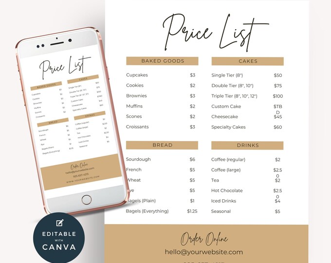 Bakery Pricelist, Bakery Menu Template, Editable Pricelist Template, Cake Order Form, Menu Design & Price Tag, Pricing Guide, Small Business