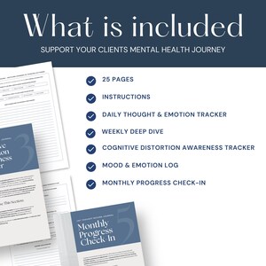 A graphic depicting mental health journal contents, including 25 pages, daily thought and emotion tracker, weekly deep dive, cognitive distortion tracker, and monthly progress check-in.