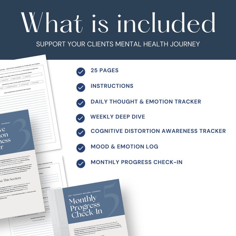 A graphic depicting mental health journal contents, including 25 pages, daily thought and emotion tracker, weekly deep dive, cognitive distortion tracker, and monthly progress check-in.