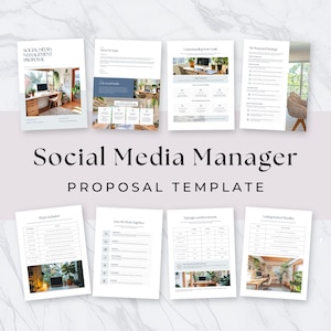 May include: A digital social media manager proposal template featuring eight distinct pages with white backgrounds, black text, and embedded office photography. The layout includes sections for strategy, goals, timelines, and investment packages.