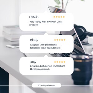 May include: Three customer reviews with five-star ratings for a digital product. The reviews are from Dustin, Gindy, and Amy. Dustin says "Very happy with my order. Great product!" Gindy says "All good! Very professional templates. I love my purchase!" Amy says "Great product, perfect transaction! Highly recommend."