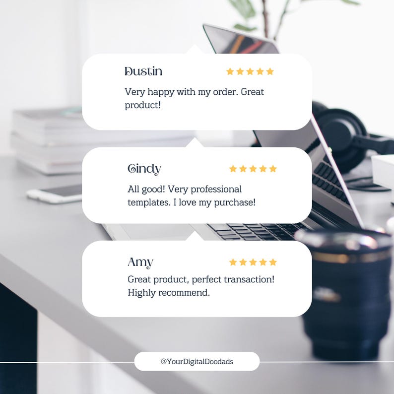 May include: Three customer reviews with five-star ratings for a digital product. The reviews are from Dustin, Gindy, and Amy. Dustin says "Very happy with my order. Great product!" Gindy says "All good! Very professional templates. I love my purchase!" Amy says "Great product, perfect transaction! Highly recommend."