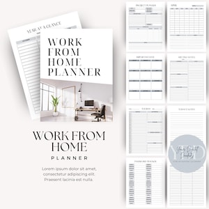 以下が含まれることがあります： プロジェクト計画、重要な日付、メモ用の内部ページを備えた、白い「Work From Home Planner」。表紙にはホームオフィスシーンが描かれています。 パスワードトラッカーが含まれています。