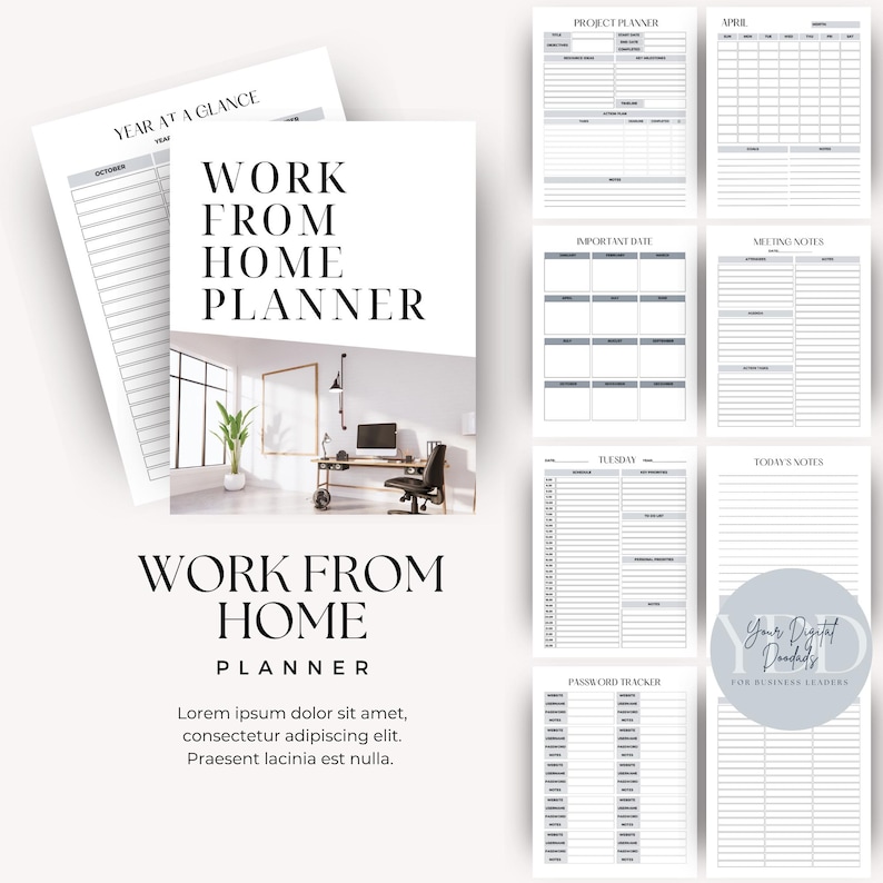 A work from home planner cover featuring a modern home office setup. Surrounding pages showcase sections for project planning, important dates, notes, and a password tracker.