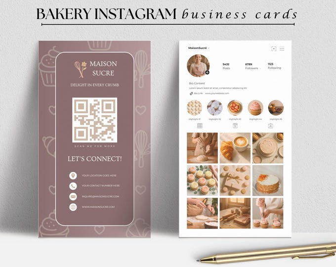 Bakery Instagram Business Card Canva Template, Social Media Card, QR Code Small Business Card, Digital Marketing, Bakery Branding