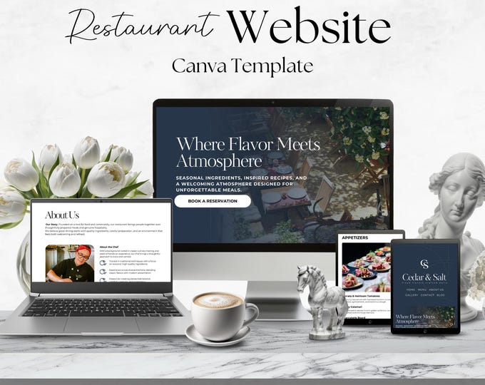 Restaurant Canva Website Template, Food Business Site Design, Menu and Reservations Landing Page
