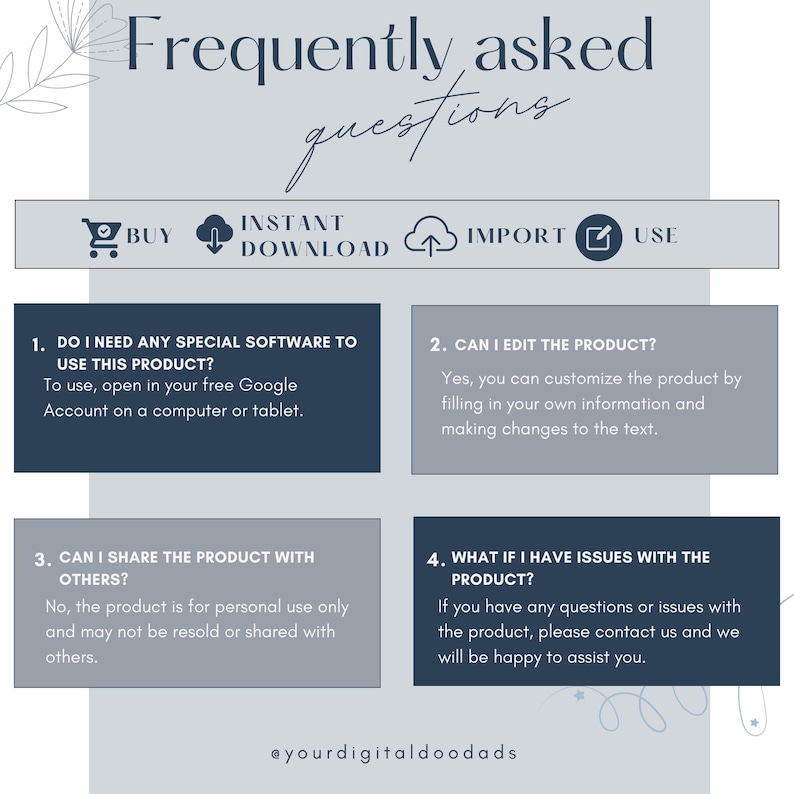 May include: A digital product FAQ sheet with the title "Frequently asked questions". The sheet includes questions about software, editing, sharing, and support. The sheet has a light blue and gray color scheme.