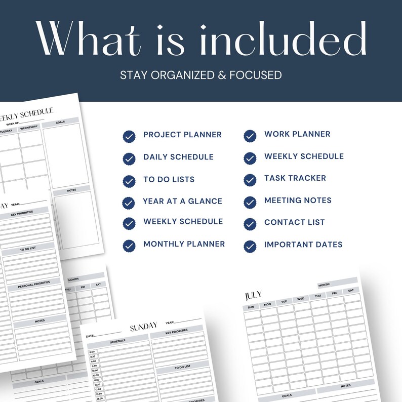 Puede incluir: Un conjunto de planificadores digitales con p&aacute;ginas blancas, texto negro y dise&ntilde;os de cuadr&iacute;cula. El texto dice What is included, STAY ORGANIZED & FOCUSED, y enumera elementos como Project Planner, Daily Schedule y Meeting Notes con marcas de verificaci&oacute;n azules.