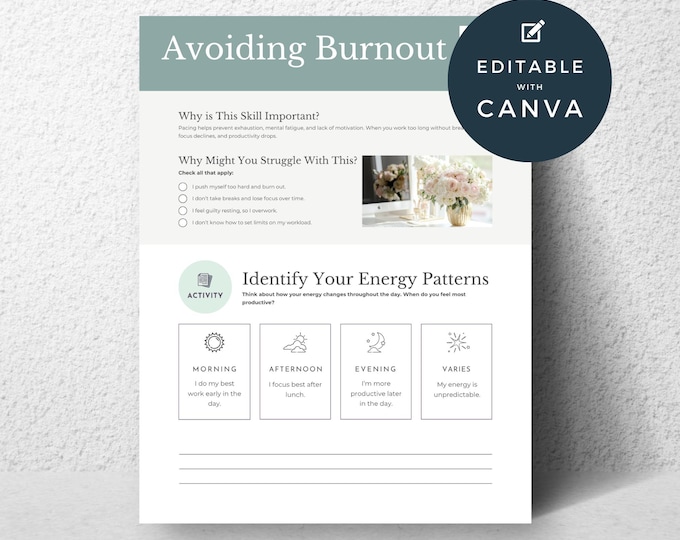Avoiding Burnout Worksheets, Mental Health Coaching Sheets, Stress Relief Therapy Tool, Self Help Anxiety Workbook, Life Coach Handouts