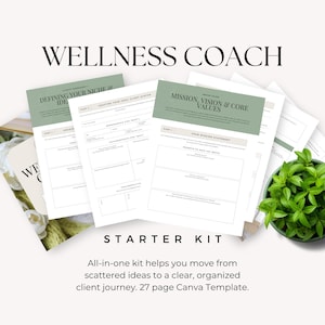 May include: A Wellness Coach Starter Kit with worksheets and templates. The kit includes pages with titles like "Defining Your Niche & Idea" and "Mission, Vision & Core Values." The text "All-in-one kit helps you move from scattered ideas to a clear, organized client journey. 27 page Canva Template" is also visible.