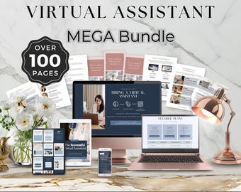 May include: A Virtual Assistant Mega Bundle digital product set featuring over 100 pages of documents, displayed on a computer monitor, a laptop, a tablet, and a smartphone, accompanied by a rose gold desk lamp and a vase of white flowers.