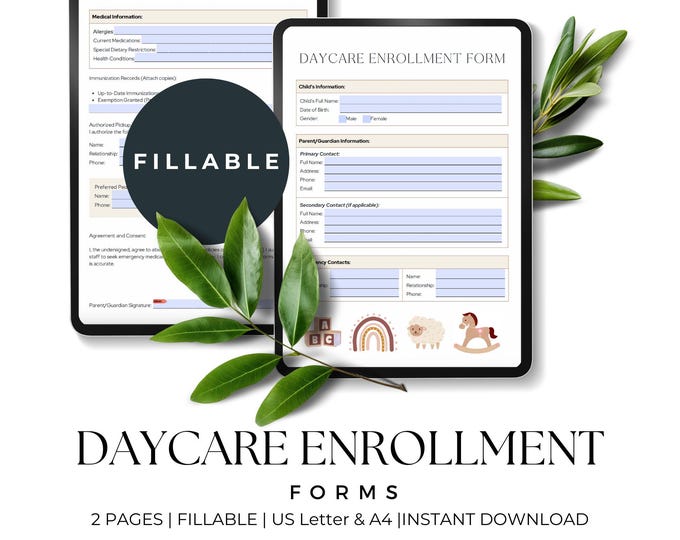 Fillable Daycare Enrollment Form PDF, Child Care Registration, Daycare Form, Preschool Application Packet, In Home Care, Home Daycare