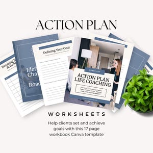 Könnte beinhalten: Eine Sammlung von Life-Coaching-Arbeitsblättern und eine Aktionsplan-Arbeitsbuchvorlage. Die Seiten zeigen blau-weiße Layouts mit Text, darunter Action Plan, Defining Your Goal und Action Plan Life Coaching, A Structured Coaching Tool For Clarity, Focus, And Goal Achievement.