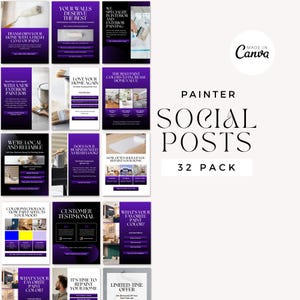 May include: A set of 32 social media posts designed for a painting business. The posts feature a purple and black colour scheme with images of painted rooms and text about painting services. The text includes phrases such as "Transform your home with a fresh coat of paint", "We specialise in interior and exterior painting", "Love your home again", "The best paint colours to increase home value", "We're local and reliable", "Does your business need a fresh look?", "How often should you repaint your home?", "Colour psychology: How paint affects your mood", "Customer testimonial", "What's your favourite paint colour?", "What's your favourite paint colour?", "It's time to repaint your home", and "Limited-time offer".