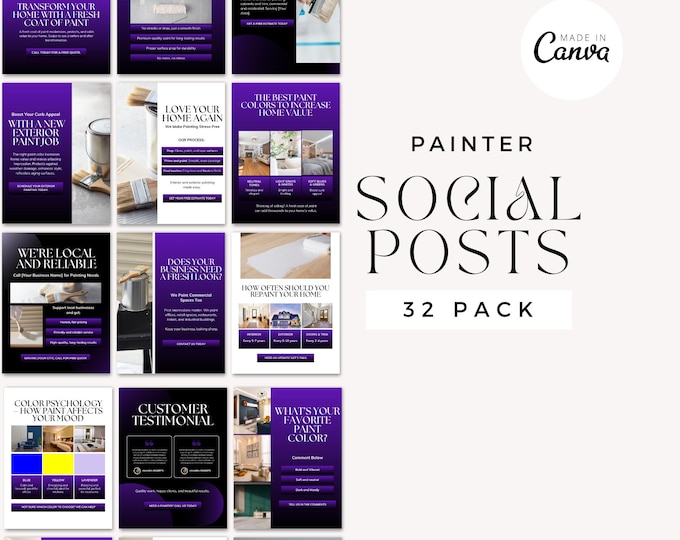 Painter Social Media Kit, Instagram Posts for Painting Business, Editable Home Improvement Digital Marketing, Small Business Canva Template
