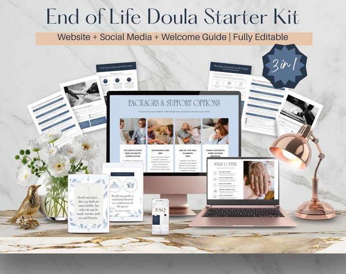 End of Life Doula Bundle, Death Doula Canva Templates, Welcome Guide, Social Media Kit, Website Template