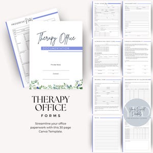 May include: A set of 30 printable therapy office forms in a Canva template. The forms include a client intake form, discharge notes, authorization credit card form, financial responsibility form, referral form, documentation of volunteers, and progress notes. The forms are designed with a floral theme and are perfect for therapists and counselors.