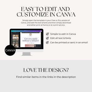 May include: A computer monitor displays a Canva template with the text "Can you apply without a lawyer?" The image includes the text "Easy to edit and customize in Canva" and "Love the design?" with checkmarks indicating ease of use.