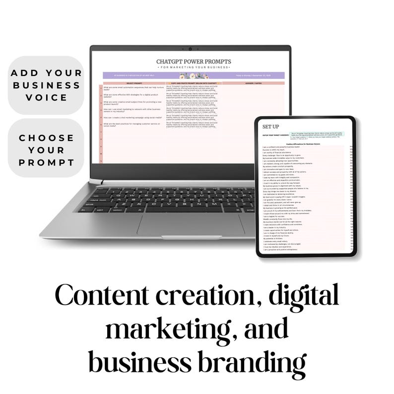 A laptop and tablet displaying content creation and digital marketing prompts, with headings 'Add Your Business Voice' and 'Choose Your Prompt.'
