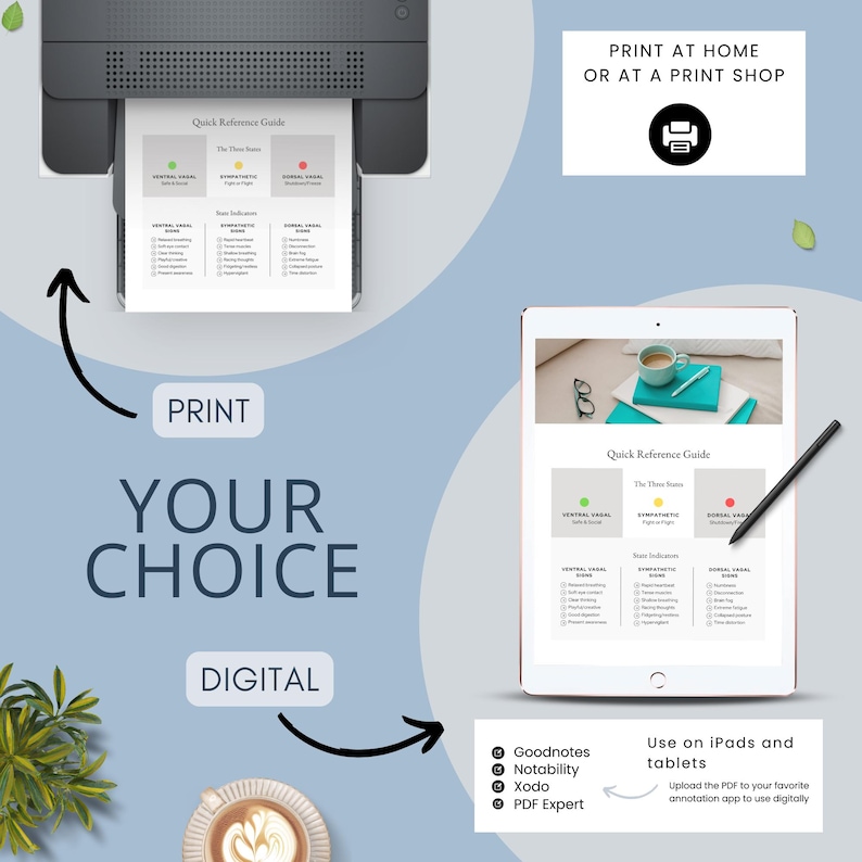 An illustration showing options for printing or digital use of a Quick Reference Guide. A printer outputs a document while a tablet displays the guide with annotations. Text emphasizes 'Your Choice' between print and digital formats.