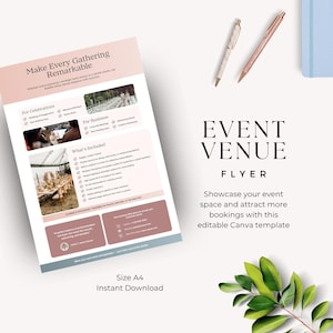 May include: A promotional flyer with the text "EVENT VENUE FLYER" and "Make Every Gathering Remarkable." The flyer includes event details, a list of included features, and contact information. A pen, pencil, and notebook are also visible.