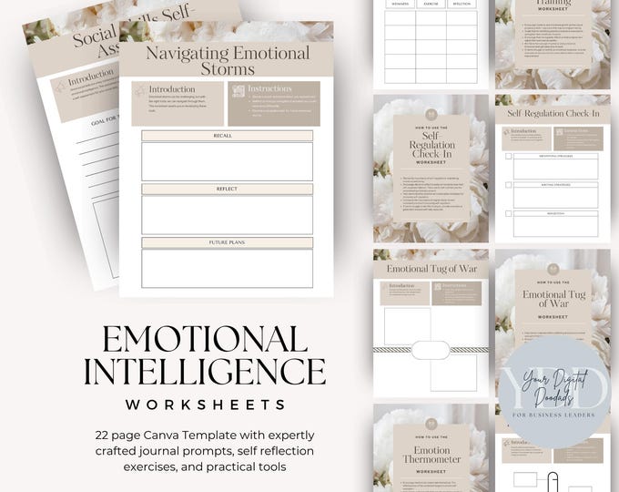 Emotional Intelligence Worksheets Bundle, Life Coaching Resource, Emotional Literacy, Therapy Worksheets, Self Reflection, Journal Prompts