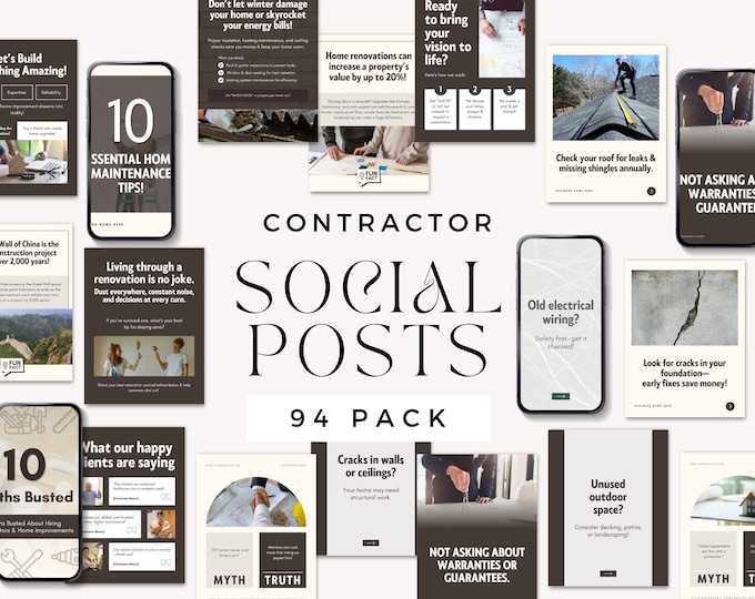 Contractor Canva Template Social Media Templates, 94 Editable Social Media Post for Builder, General Contractors, Home Improvement Marketing