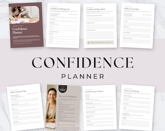 Pode incluir: Um Confidence Planner com várias páginas, incluindo uma capa com o título e uma pessoa a escrever. Outras páginas incluem "Confidence Challenges Log", "Confidence Evidence Bank" e "Reflect & Journaling".