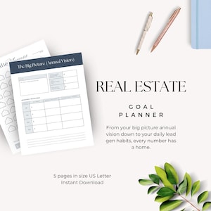 May include: A real estate goal planner with US Letter size pages featuring tables for annual vision and quarterly milestones. The text reads REAL ESTATE GOAL PLANNER, From your big picture annual vision down to your daily lead gen habits, every number has a home, and 5 pages in size US Letter Instant Download.