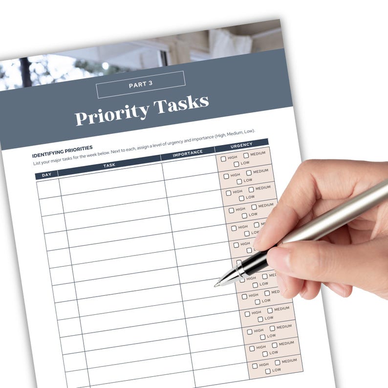 A printable priority task list with a white background and black text. The list has columns for day, task, importance, and urgency. The importance and urgency columns have checkboxes for high, medium, and low. The list is designed to help people prioritize their tasks for the week.