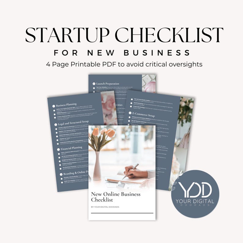An array of documents showing a New Online Business Checklist 4 page printable PDF