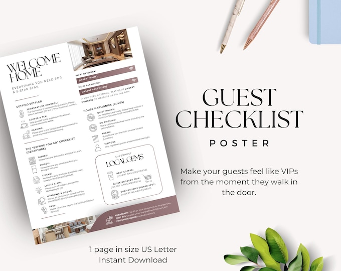 Guest Checklist Poster, Vacation Rental Welcome Book, Editable Host Guide, Short Term Rental Printable