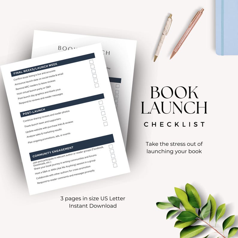 A visually appealing checklist for launching a book, featuring sections for final weeks, post-launch, and community engagement. Includes checkboxes and a modern design with leafy visuals.