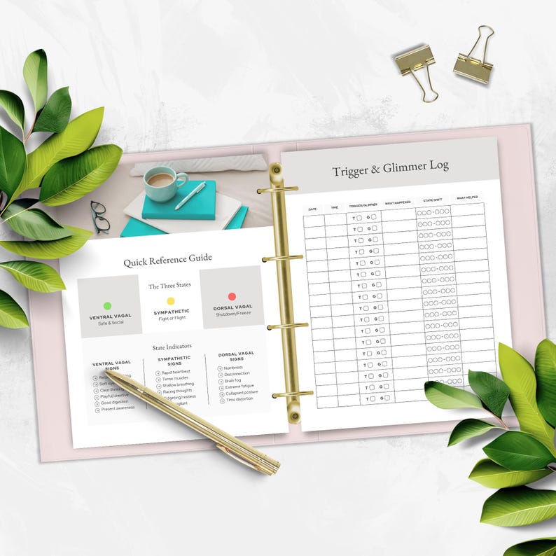 A well-organized planner page displaying a Quick Reference Guide on the three states of the vagus nerve with sections on symptoms and a Trigger  Glimmer log. Includes a green plant and a mug on a desk.