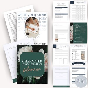 A collection of planning worksheets for writers, featuring a character development planner, self-publishing checklist, and editing and revision tips, all arranged with floral designs and a clean layout.