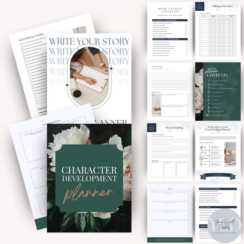 A collection of planning worksheets for writers, featuring a character development planner, self-publishing checklist, and editing and revision tips, all arranged with floral designs and a clean layout.
