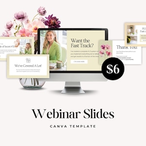 Puede incluir: Un monitor de ordenador muestra diapositivas de seminarios web con el texto "Want the Fast Track?" y "We've Covered A Lot!". La imagen incluye una etiqueta de precio de 6 € y las palabras "Webinar Slides CANVA TEMPLATE". También son visibles arreglos florales y diapositivas adicionales.