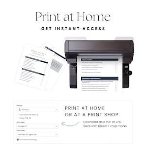 Op de afbeelding: Een checklist voor een boeklancering met zwarte tekst op wit papier, die uit een zwarte printer komt. De afbeelding bevat de tekst Print at Home, Get Instant Access en een menu met downloadinstellingen voor PDF- of JPG-bestanden.