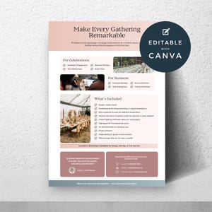 A flyer promoting an event space for various gatherings like corporate meetings and celebrations. It highlights features, what's included, and a testimonial from an event planner, with a stylish design and pink accents.