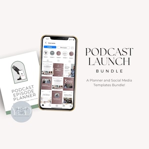 Puede incluir: Un paquete de lanzamiento de podcast con un planificador y plantillas de redes sociales. La imagen muestra un teléfono que muestra plantillas de redes sociales, un planificador y el texto "Podcast Launch Bundle". También se ve un logotipo.
