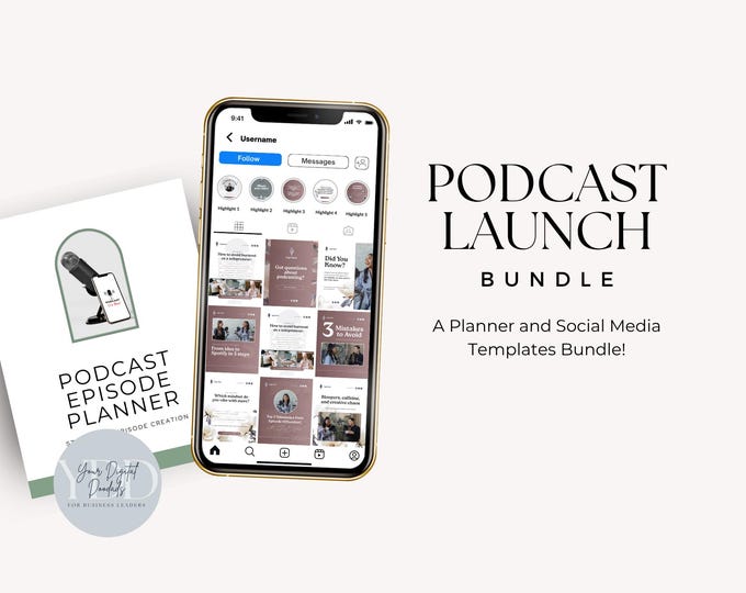 Podcast Launch Kit Bundle, Podcast Planner, Content Tracker, Instagram Templates, Episode Management, Interview Plan, Social Media Kit