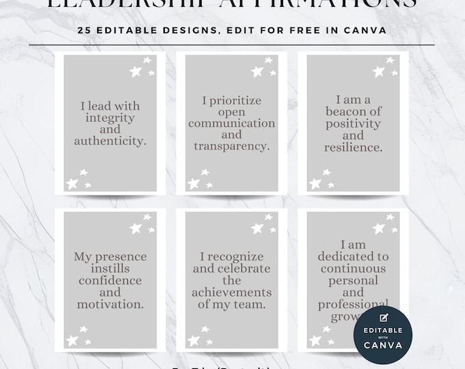 Printable Leadership Affirmation Cards, Editable Daily Affirmations for Leaders, Positive Quotes Printable Gift for Leader. Growth Mindset