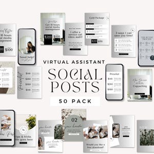 May include: A collection of social media templates for virtual assistants. The design features a clean, minimalist aesthetic with a mix of smartphone mockups, price lists, and promotional graphics. The color palette is primarily black, white, and gray.