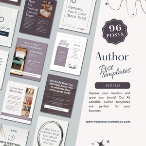 May include: A collection of author post templates with a light purple and white color scheme. The templates include text such as "How My Writing Journey Began" and "10 Reasons You'll Love." The image also includes the text "96 Posts" and "Author Post Templates."
