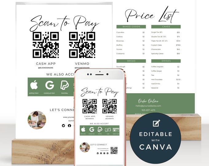 Bakery Price List & Scan to Pay Sign: Editable Canva Template (5x7)